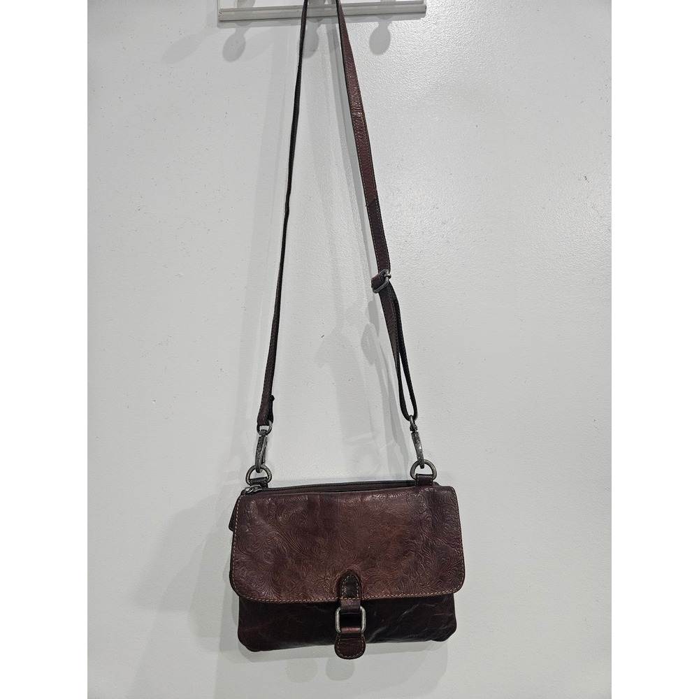 Jack Georges Brown Embossed Leather Crossbody Wallet Bag Floral Tooled